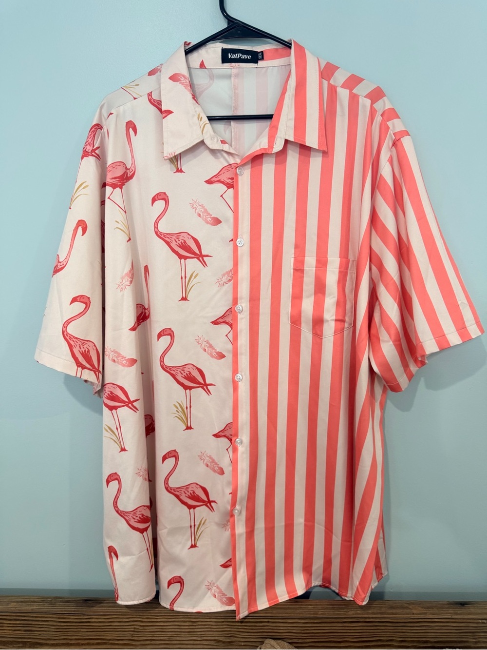 VatPave Coral & Cream Flamingo Stripe Short Sleeve Button-Down Shirt